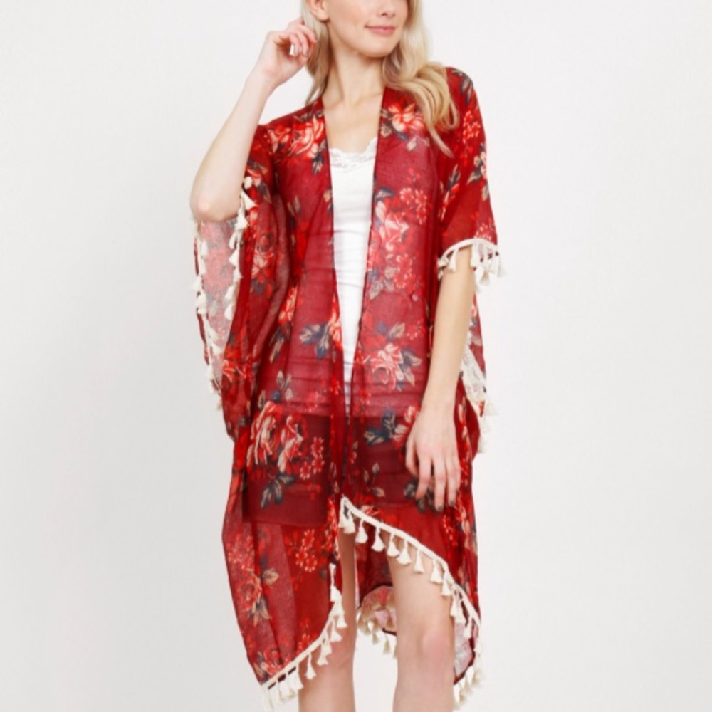 NEW Red Roses Tassel Fringe Kimono Cover Up - Picture 1 of 2